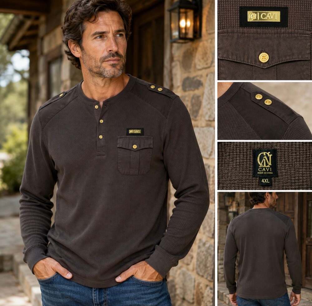 CAVI Men’s 4XL Long Sleeve Waffle Knit Henley Shirt Brown Gold Hardware Pocket